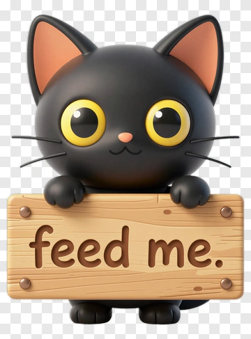 Black Cat Holding Feed Me Sign PNG