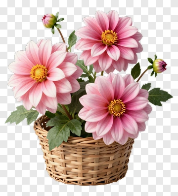 Pink Dahlia Bouquet In Woven Basket PNG