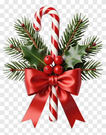 Red And White Candy Cane With Holly And Ribbon PNG
