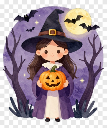 Cute Witch Holding Pumpkin PNG