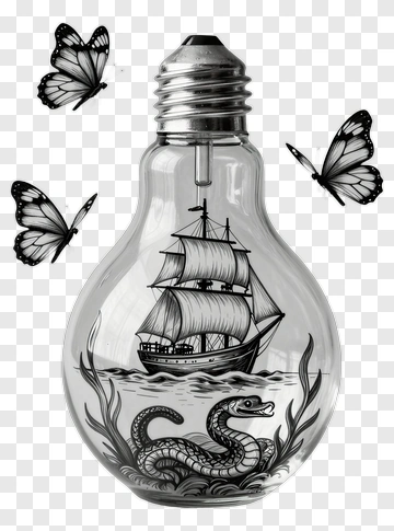 Light Bulb With Ship Snake And Butterflies PNG