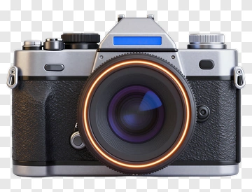 Silver Camera With Orange Lens Ring PNG