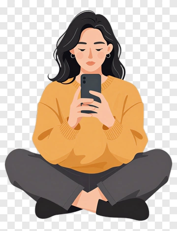 Woman Sitting Cross-Legged Using Phone PNG