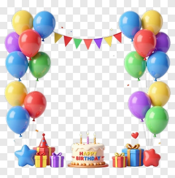 Birthday Cake With Balloons And Gifts PNG