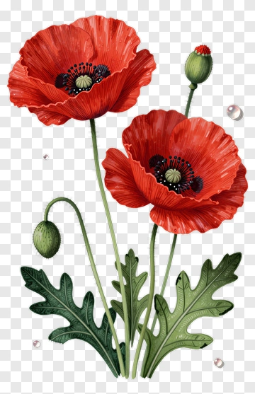 Red Poppy Flower With Green Leaves PNG