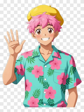 Anime Character Waving With Floral Shirt PNG