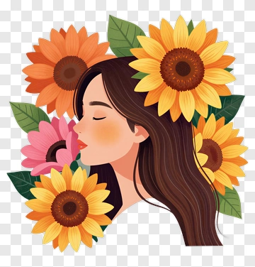 Woman Surrounded By Sunflowers PNG