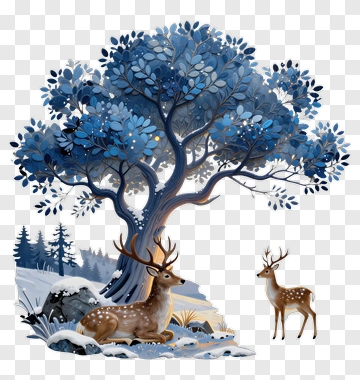 Deer And Tree In Winter Landscape PNG