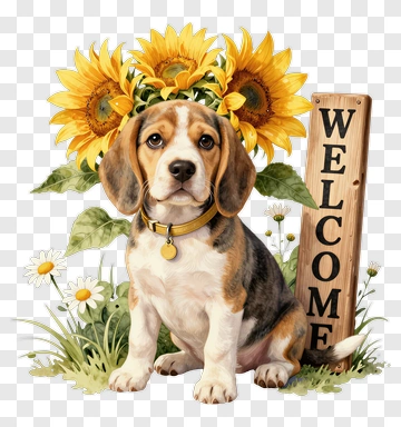 Beagle Puppy With Sunflowers And Welcome Sign PNG