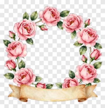Pink Rose Wreath With Scroll Banner PNG
