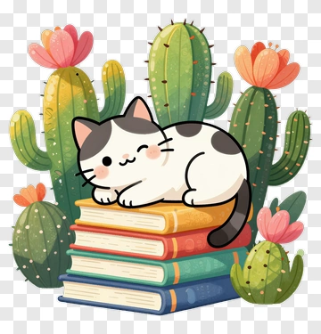 Cute Cat On Stack Of Books With Cactus PNG