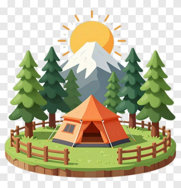 Camping Tent With Mountain And Pine Trees PNG
