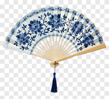 Blue And White Ceramic Hand Fan With Tassel PNG