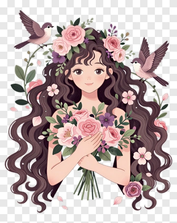 Woman With Flower Crown And Bouquet PNG