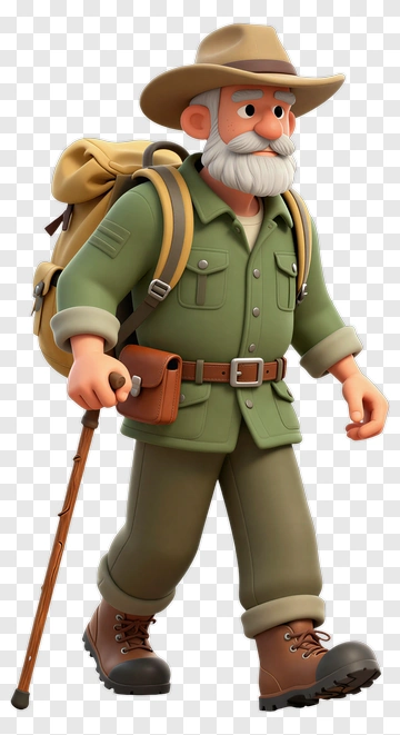 Old Man Explorer With Walking Stick PNG