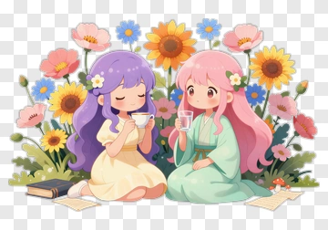 Two Girls Enjoying Tea Among Flowers PNG