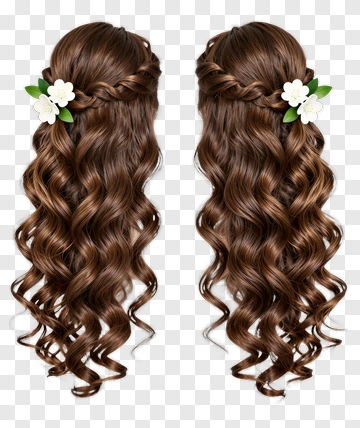 Brown Curly Hair With Braided Hairstyle And Flowers PNG