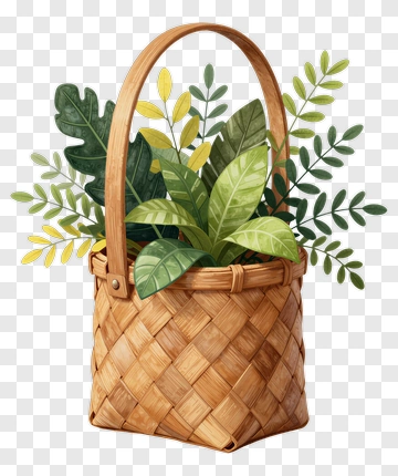 Woven Basket With Green And Yellow Leaves PNG
