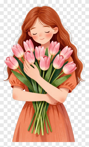 Girl Holding Pink Tulips PNG