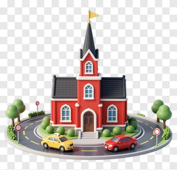 Red Brick Church With Taxi And Car PNG
