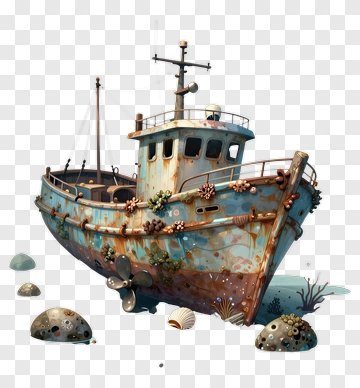 Rusty Boat With Coral And Seashells PNG