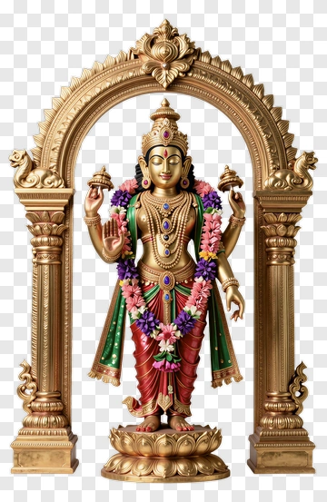Golden Deity Statue With Floral Garland PNG