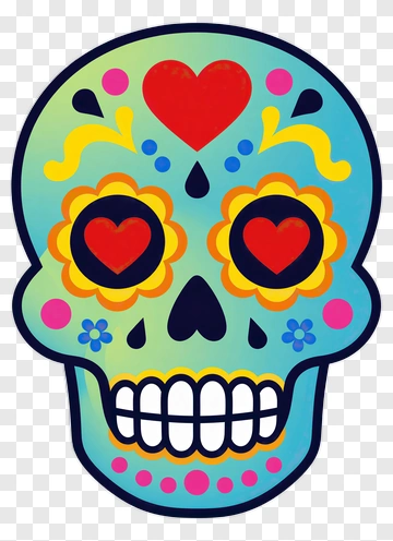 Colorful Sugar Skull With Hearts And Flowers PNG
