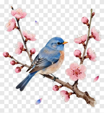 Blue Bird On Cherry Blossom Branch PNG
