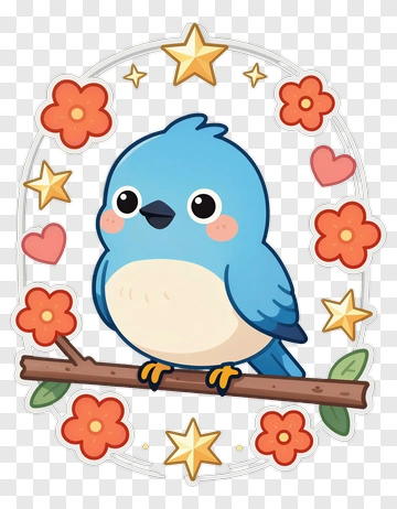 Cute Blue Bird With Flowers And Stars PNG
