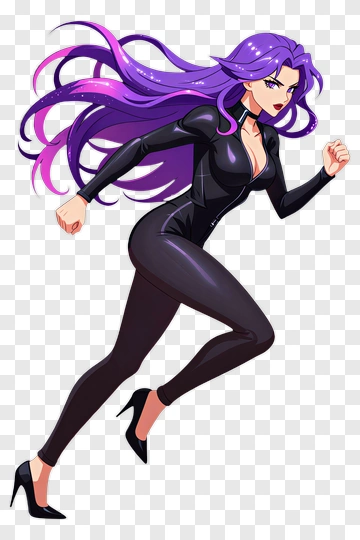 Purple Hair Anime Woman In Black Outfit PNG