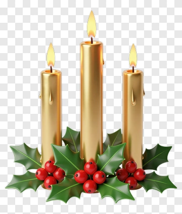 Three Gold Candles With Holly And Berries PNG