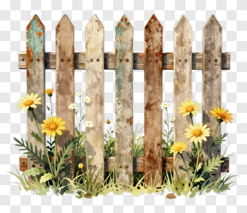 Rustic Wooden Fence With Wildflowers PNG