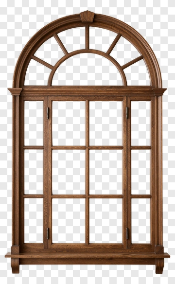 Wooden Arched Window With Paneled Glass PNG