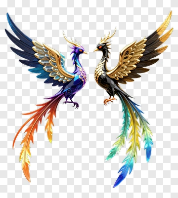 Two Colorful Mythical Phoenixes Facing Each Other PNG
