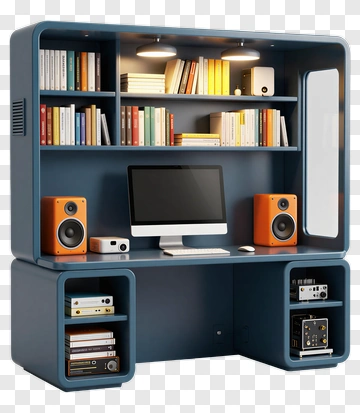 Modern Blue Bookshelf Desk With Computer PNG