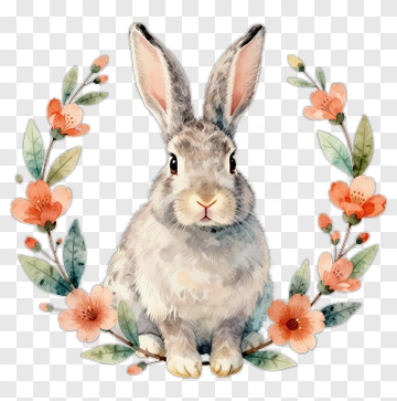Watercolor Rabbit With Floral Wreath PNG