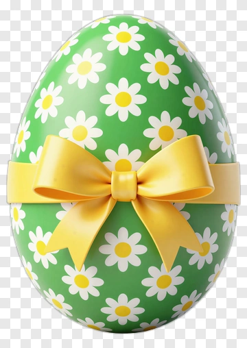 Easter Egg With Daisy Pattern And Yellow Ribbon PNG