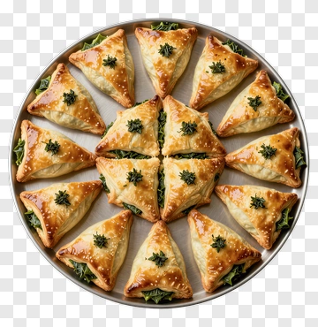 Golden Triangular Pastries With Green Garnish PNG