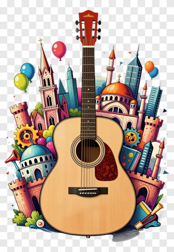 Acoustic Guitar Surrounded By Festive Architecture PNG
