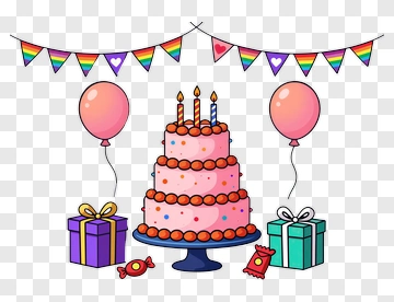 Birthday Cake With Balloons And Gifts PNG