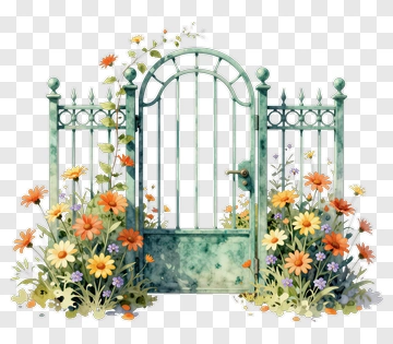 Garden Gate With Blooming Flowers PNG