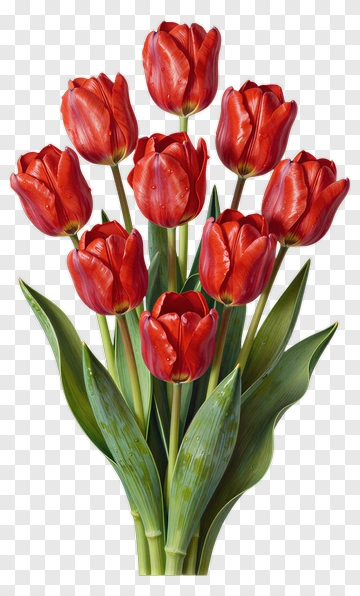 Red Tulip Bouquet With Green Leaves PNG