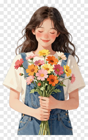Girl Holding Flower Bouquet PNG