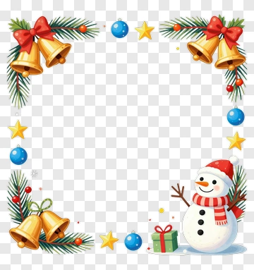 Snowman With Christmas Bells And Pine Branches PNG
