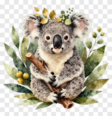 Cute Koala With Eucalyptus PNG