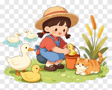 Girl Playing With Duck And Cat PNG