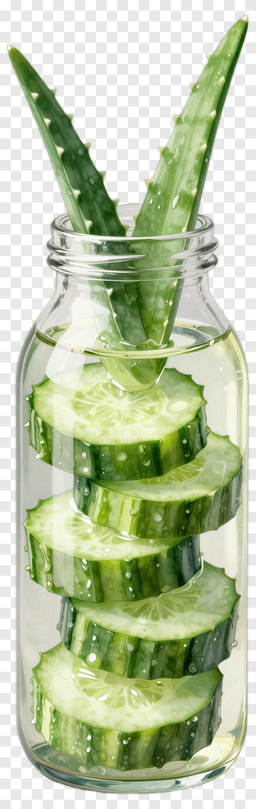 Cucumber And Aloe Vera In Glass Bottle PNG