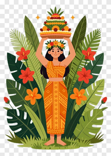 Woman Carrying Fruit Offering In Tropical Attire PNG