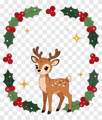 Cute Deer In Christmas Wreath PNG