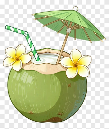 Coconut With Straw And Umbrella PNG